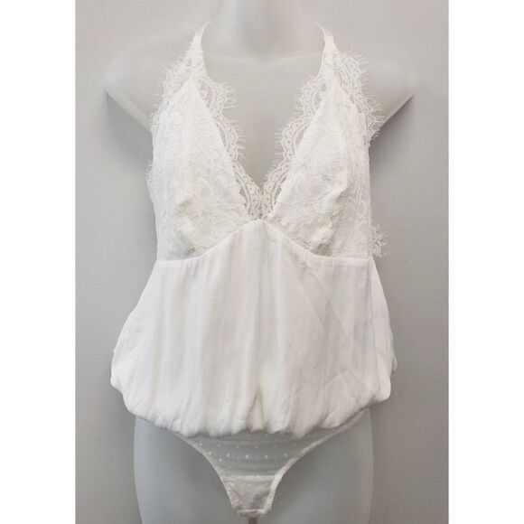 Free People Thong Bodysuit Women's Small White Eyelash-Trim Mesh Embroided NEW - Picture 9 of 11